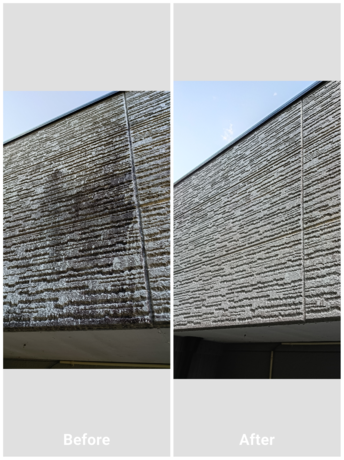 仙台市のご自宅で外壁クリーニングを行い、黒ずみ汚れが落ちて明るくなったBefore/After写真。