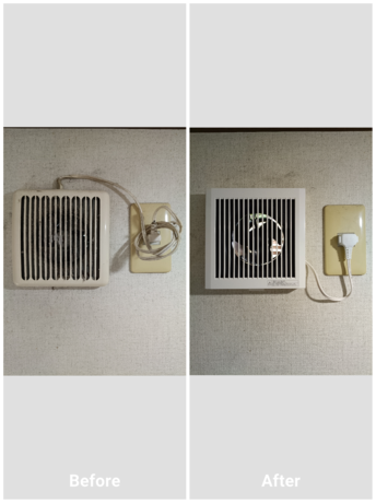 トイレ換気扇の清掃Before/After。仙台市で長年使用した換気扇を交換し、動作音の改善と見た目をリフレッシュした作業の様子。