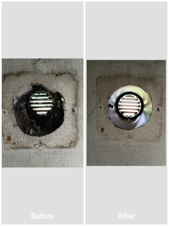 仙台市でトイレの換気扇交換作業中に、古い換気ダクトを取り外して新しい部材へ交換した作業前後の様子