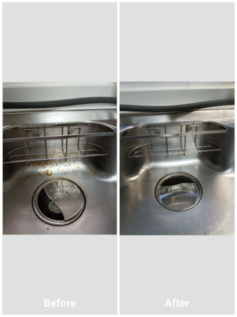 仙台市でキッチンシンクの清掃を行った際のBefore/After。水垢や油汚れが蓄積したシンクを丁寧にクリーニングし、ステンレス本来の輝きを取り戻した様子が分かる比較写真。