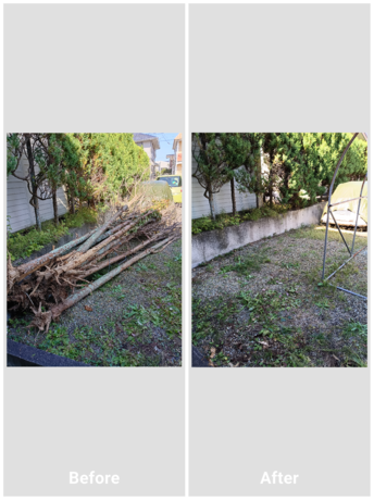 伐採後に残った木や枝を片付けた作業のBeforeAfter写真。不要になった伐採木をすっきり整理し、庭まわりをきれいに整えた様子。