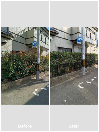 仙台市で生け垣の剪定を行ったBeforeAfter写真。伸びた生け垣を整え、通行しやすく見た目がすっきりした様子が分かる画像。