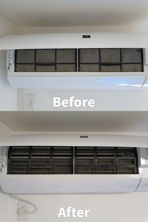 仙台市太白区の住宅で行ったエアコンクリーニングのビフォーアフター。内部にカビ汚れが見られたエアコンを分解洗浄し、清潔な状態に仕上げました。