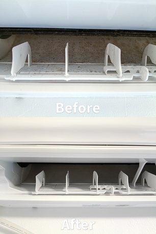 仙台市太白区のお客様宅にて、エアコン吹き出し口内部のビフォーアフター。カビや汚れが付着していた内部を高圧洗浄で丁寧に清掃しました。