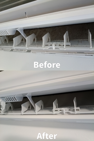 仙台市太白区で実施したエアコンクリーニング事例。分解後に熱交換器や送風部分を洗浄し、カビ臭のない状態へ改善した様子。