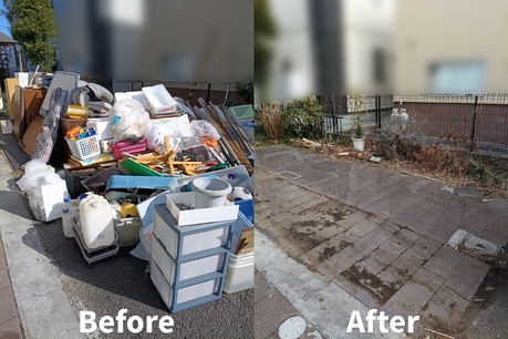 仙台市内で行った取り壊し前の片付け・不用品処分のお手伝い。大量の不用品を搬出し、敷地内がすっきりした作業前後の様子