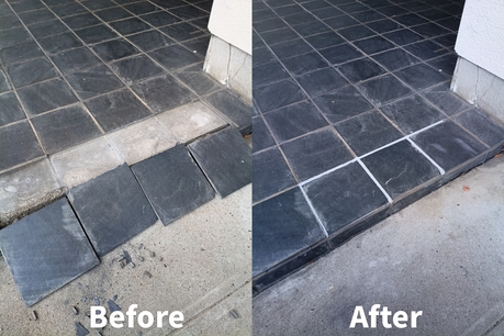 仙台市内の住宅玄関タイル補修のビフォーアフター｜剥がれていたタイルを接着・目地補修した施工事例