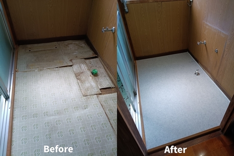 仙台市太白区で行った洗濯機置き場の床補修とクッションフロア施工のビフォーアフター