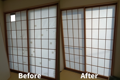 名取市のリピーター様宅で行った障子張替え施工事例。古い障子紙を除去し、新しい障子紙に張り替えて部屋が明るくなった施工後の様子