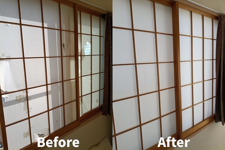 名取市で行った障子張替え作業のビフォーアフター。破れや補修跡のある障子をすべて張り替え、明るくきれいになった様子