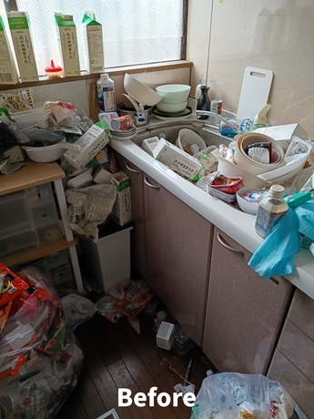 仙台市内でのキッチン不用品片付け作業前｜シンク周りに生活用品やゴミが散乱している状態