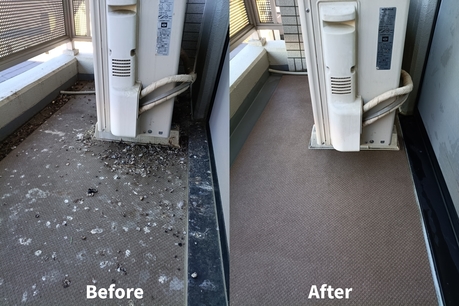 ベランダの室外機周りの清掃前後の様子。鳥のフンや汚れが付着していた箇所を丁寧に除去した状態