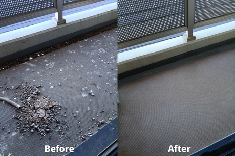 ベランダ床面の清掃前後の様子。鳥のフンや汚れが付着していた状態から、清掃後はきれいに除去された状態
