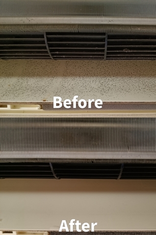 仙台市太白区の壁掛けエアコン分解洗浄｜送風口内部のホコリ汚れと清掃後のビフォーアフター